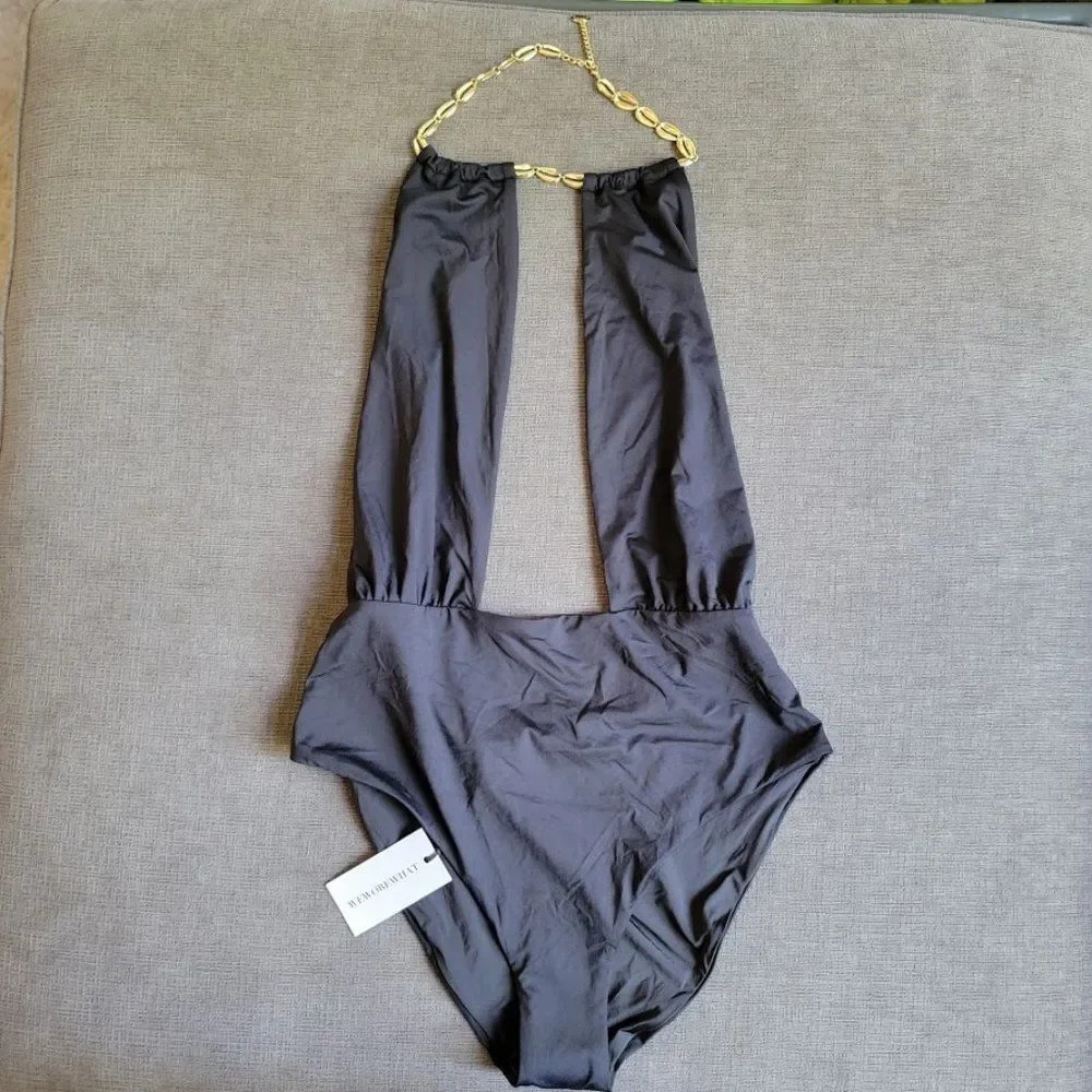 Weworewhat Women's Necklace Black One-piece Bathing Suit Size Medium
